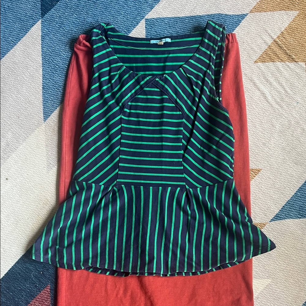 BOGO! Leifnotes Striped Green and Navy Peplum Top